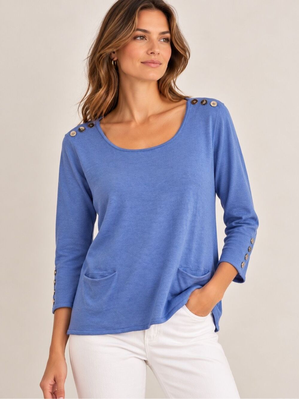Gretchen Scott Polly Pocket Sweater Size XL Periwinkle Purple Blue Gold Buttons